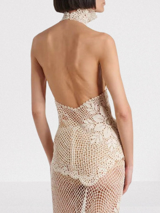 Asymmetrical Floral Crochet Cotton Halter Top - Tops