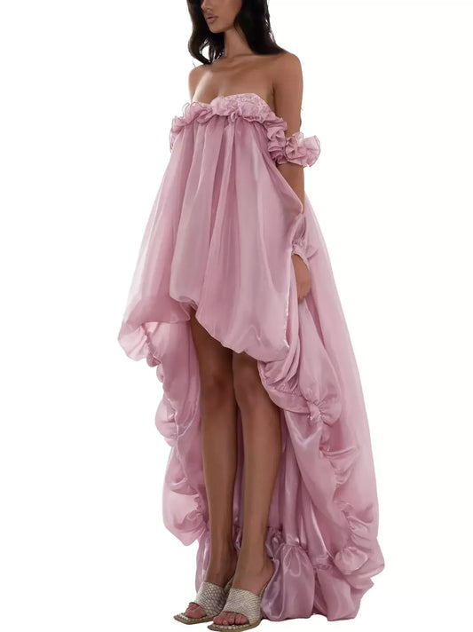Asymmetrical High-Low Bubble Chiffon Dress - Dresses