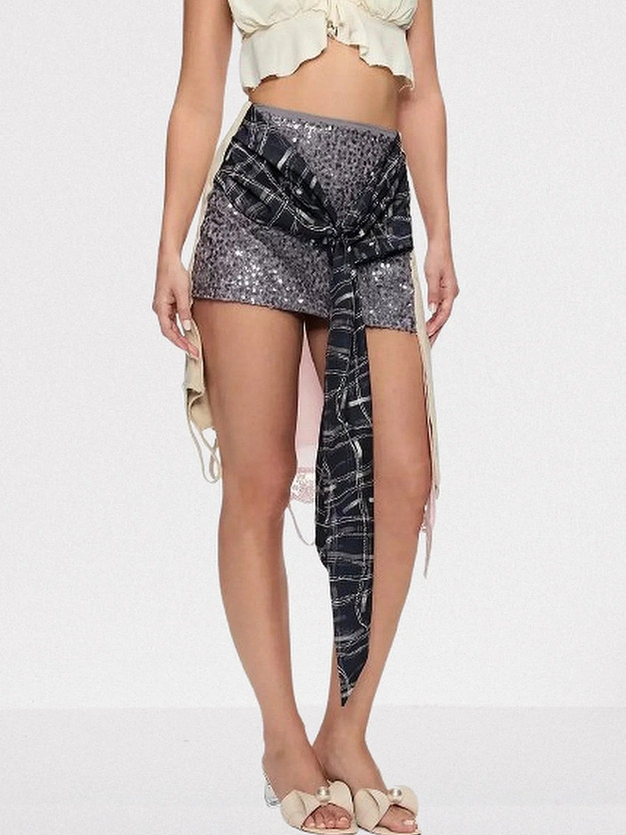 Asymmetrical Hybrid Sequin and Plaid Mini Skirt - Skirts