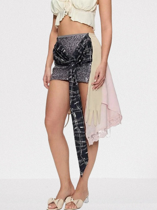 Asymmetrical Hybrid Sequin and Plaid Mini Skirt - Skirts