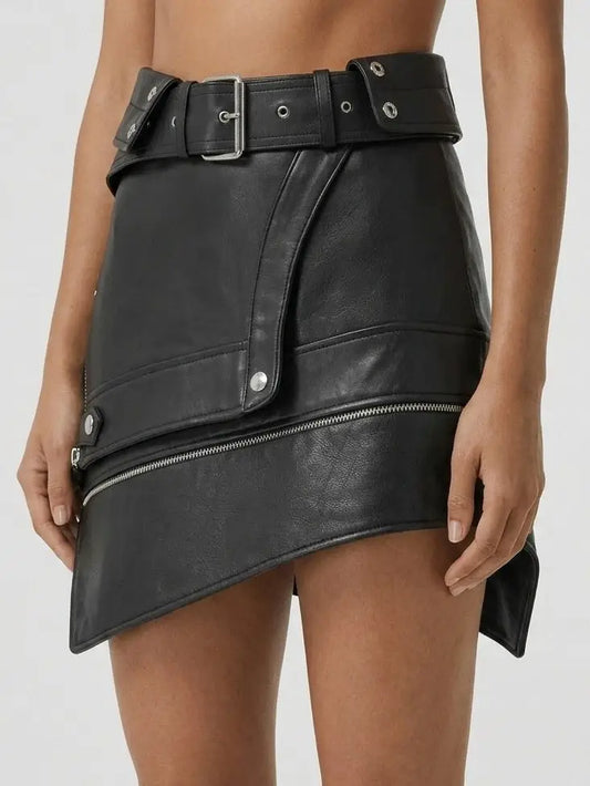 Asymmetrical Lambskin Leather Mini Skirt - Skirts