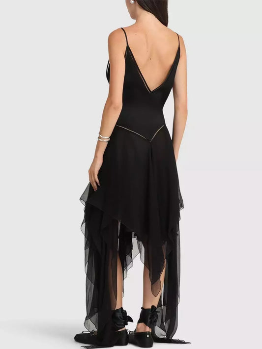 Asymmetrical Multi-Layer Black V-Neck Dress - Dresses