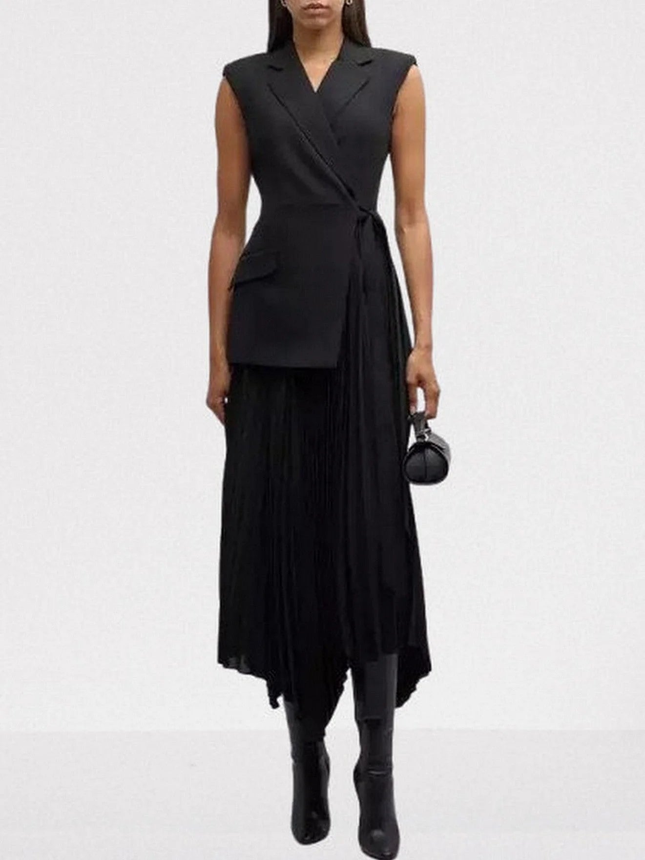 Asymmetrical Sleeveless Pleated Crepe Blazer Dress Dresses