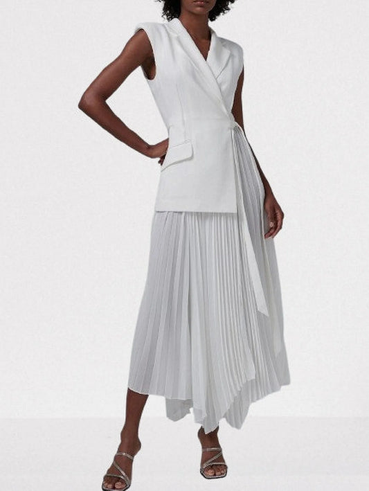 Asymmetrical Sleeveless Pleated Crepe Blazer Dress Dresses