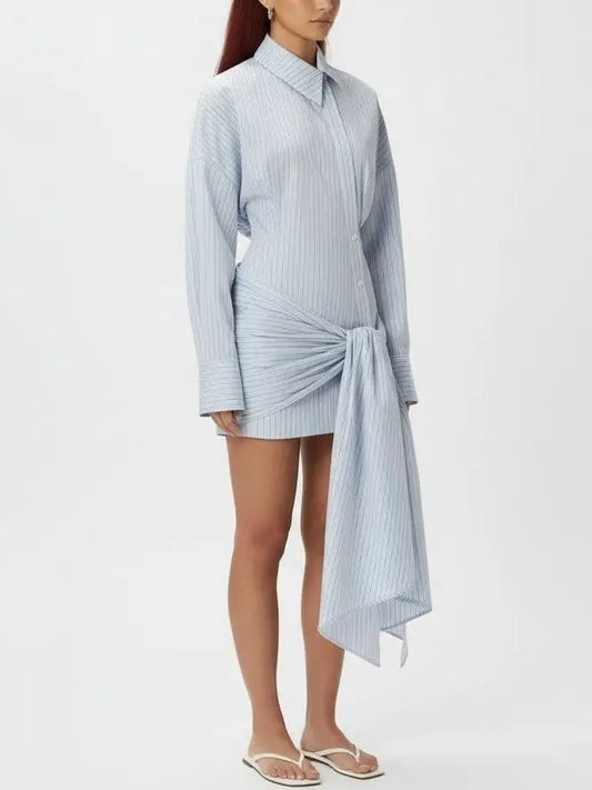 Asymmetrical Tie-Front Blue Pinstripe Shirt Dress - Dresses