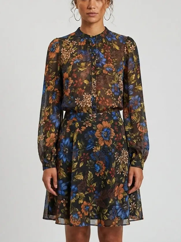 Autumn Botanical Print Silk Blouse - Tops