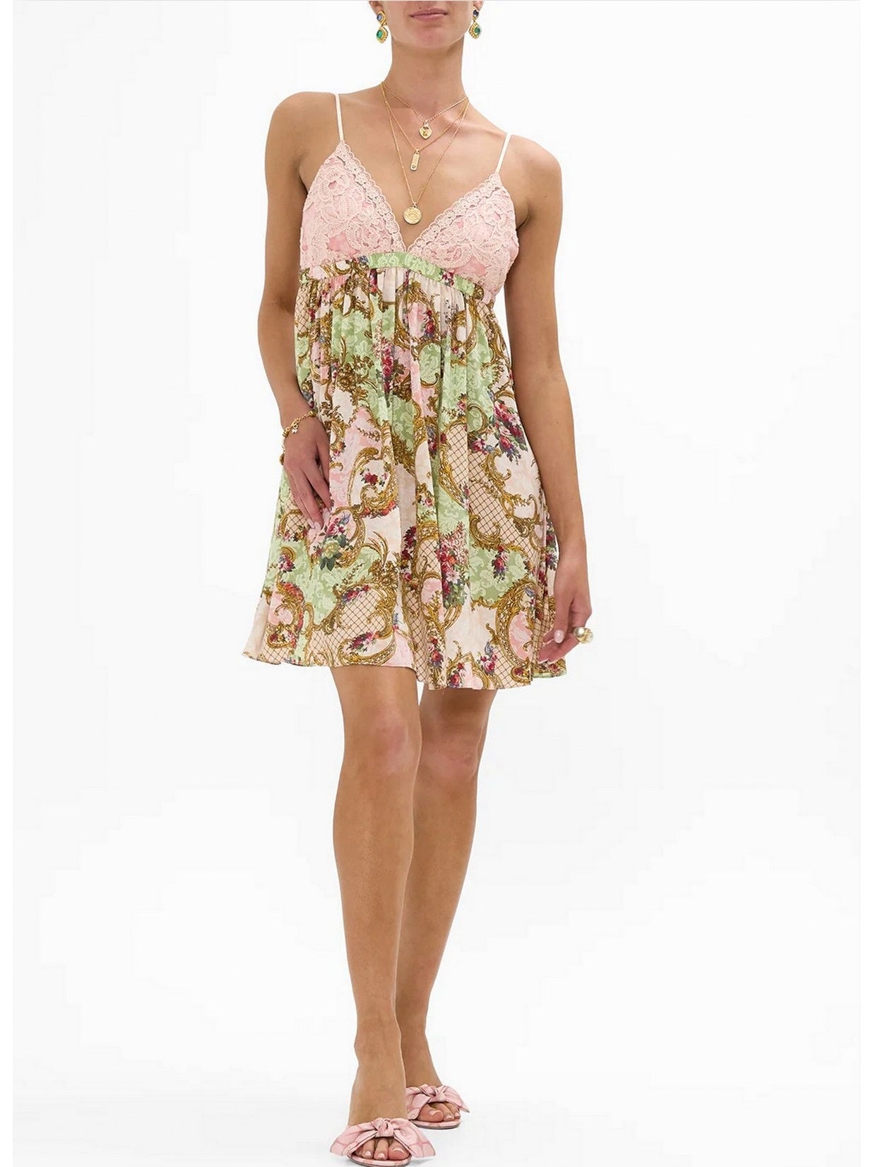 Babydoll-Style Sleeveless Dress in Framed Floral Print