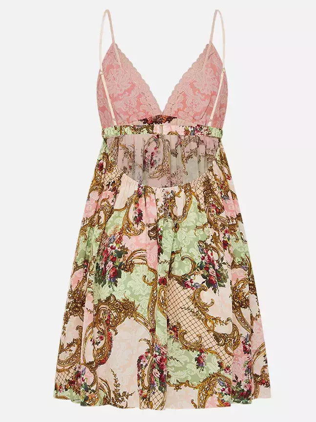 Babydoll-Style Sleeveless Dress in Framed Floral Print