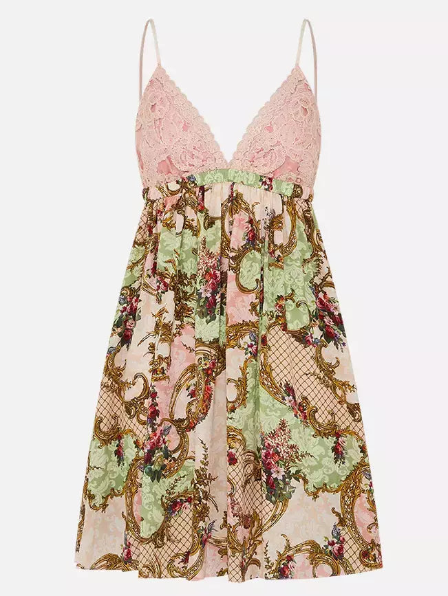 Babydoll-Style Sleeveless Dress in Framed Floral Print