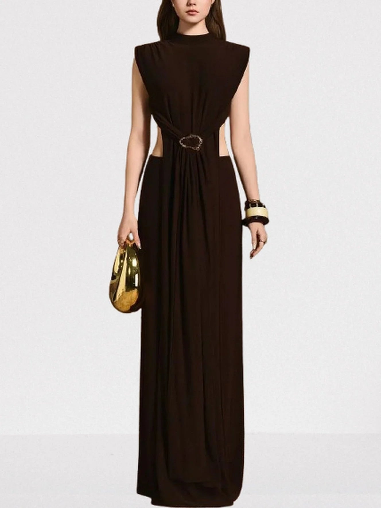 Backless Cut-Out Long Sleeveless Brown Jersey Dress - S - Dresses