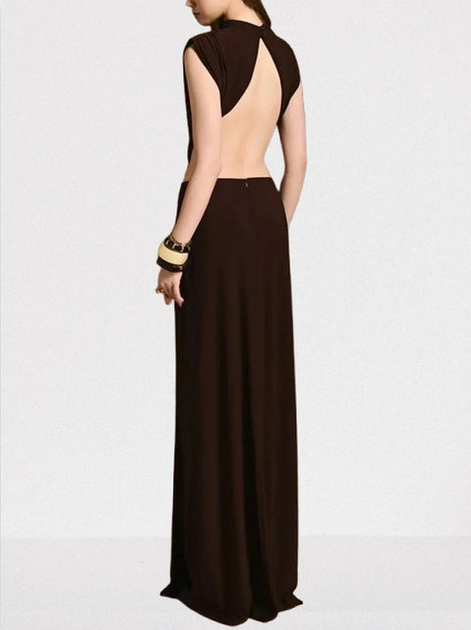 Backless Cut-Out Long Sleeveless Brown Jersey Dress - Dresses