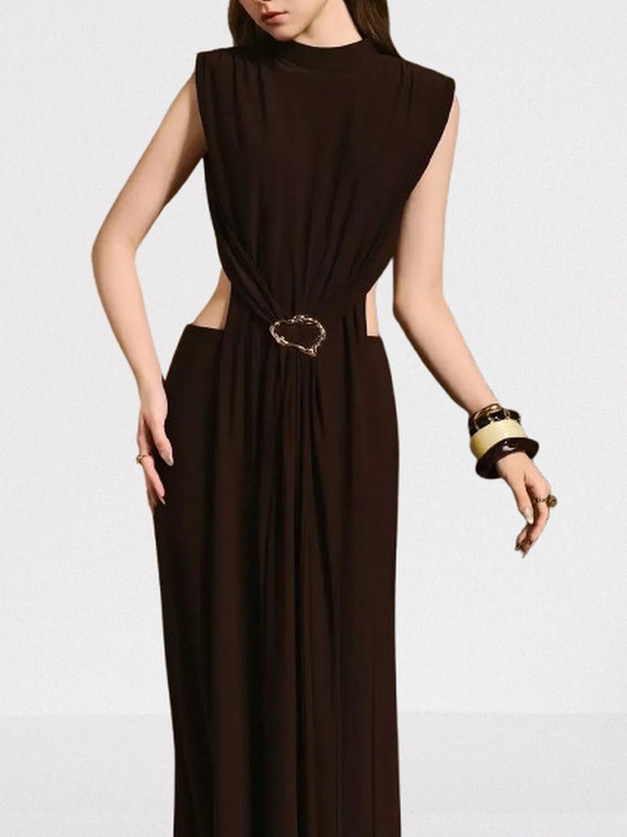 Backless Cut-Out Long Sleeveless Brown Jersey Dress - Dresses