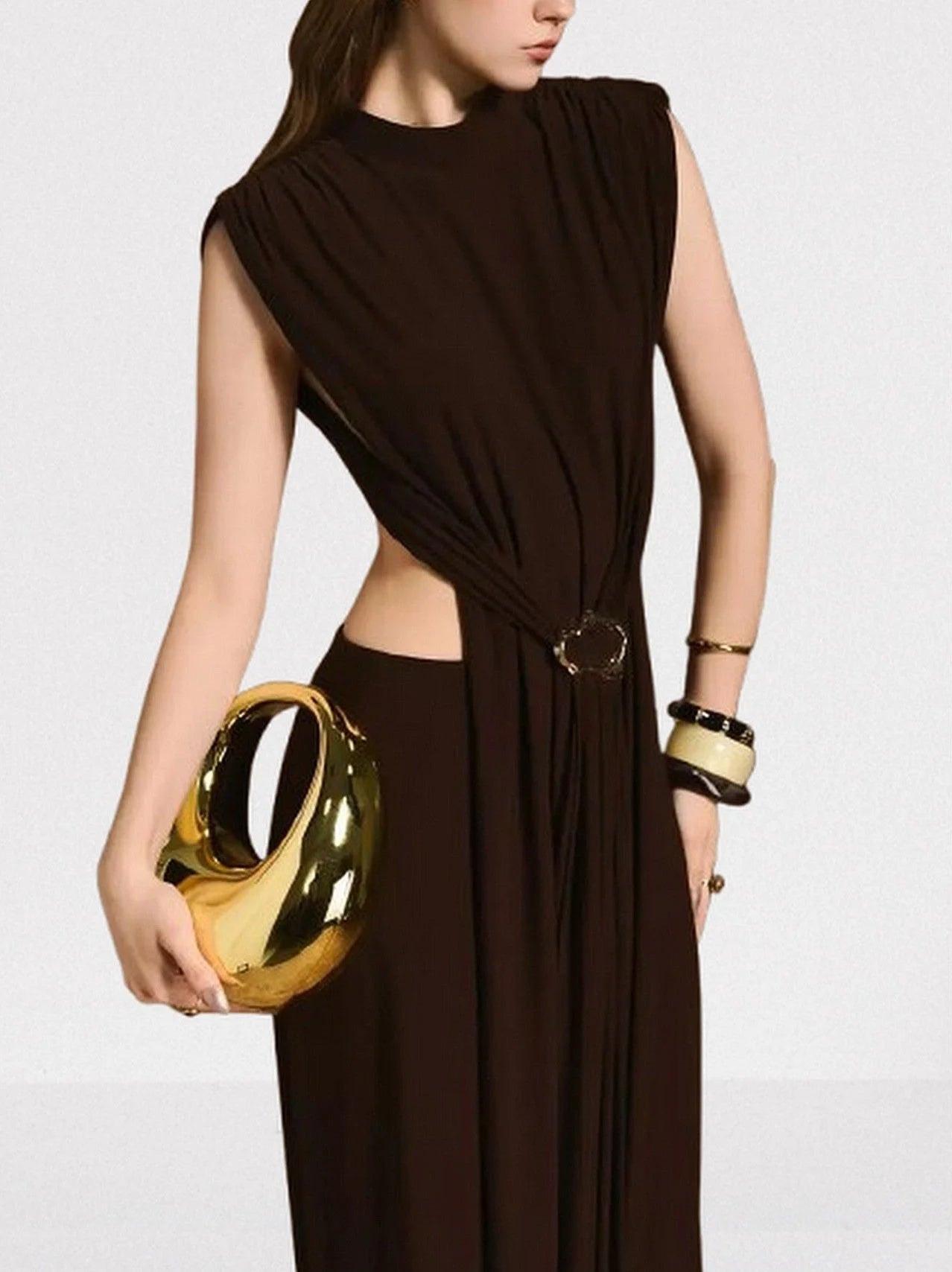 Backless Cut-Out Long Sleeveless Brown Jersey Dress - Dresses
