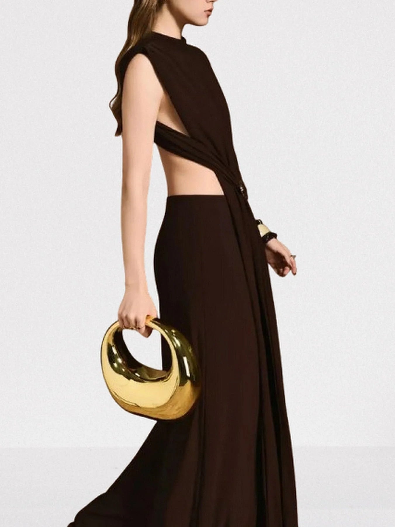 Backless Cut-Out Long Sleeveless Brown Jersey Dress - Dresses
