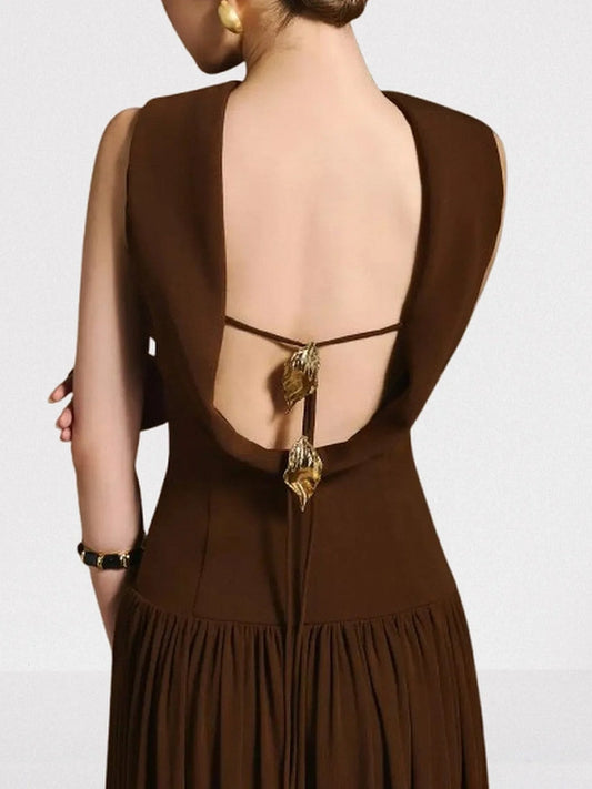 Backless Draped Collar Maxi Dress in Brown Dresses