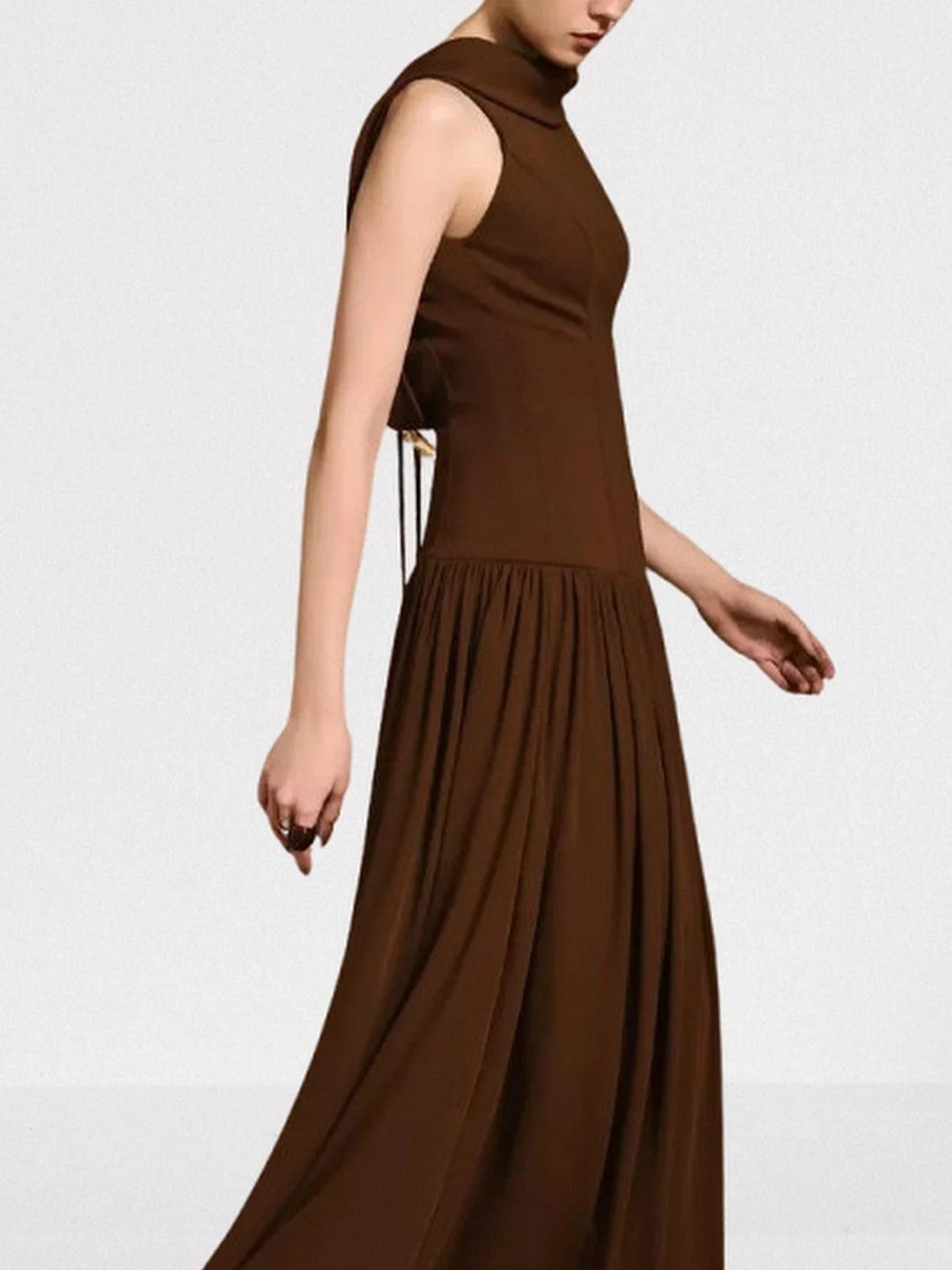 Backless Draped Collar Maxi Dress in Brown Dresses