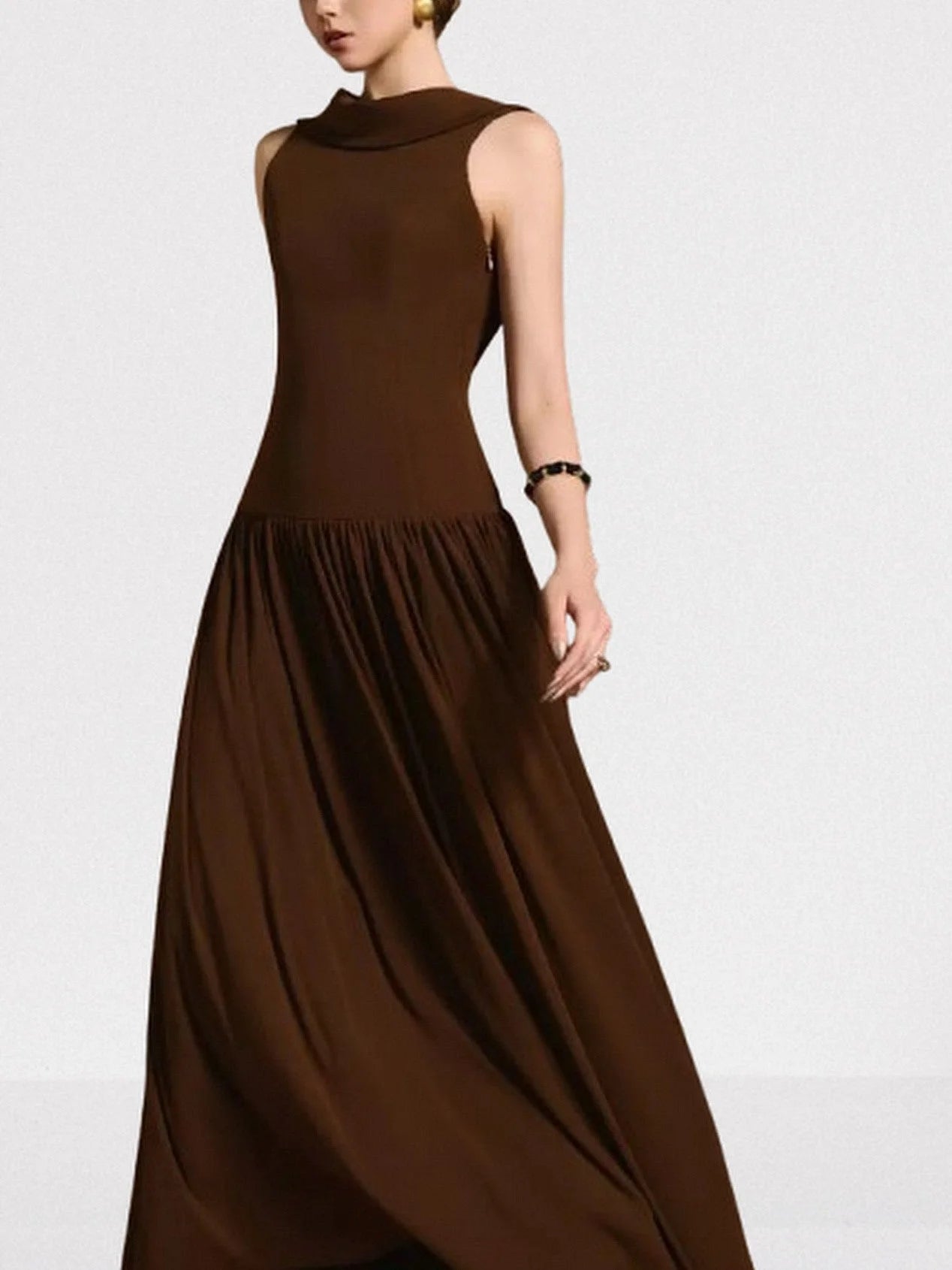 Backless Draped Collar Maxi Dress in Brown Dresses