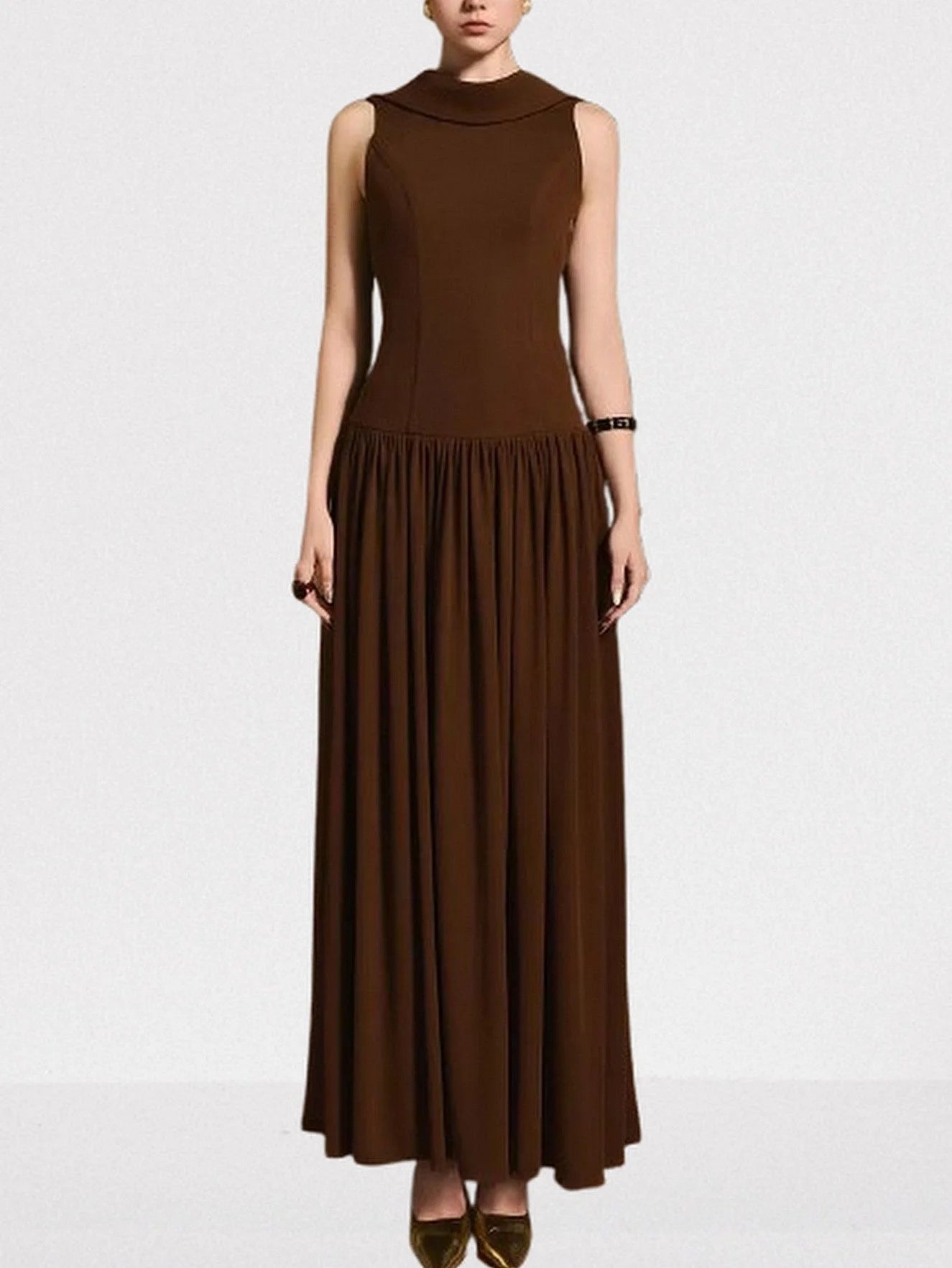 Backless Draped Collar Maxi Dress in Brown Dresses