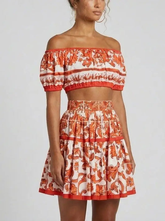 Baroque-Print Off-Shoulder Top and Mini Skirt Set - Suits & Sets
