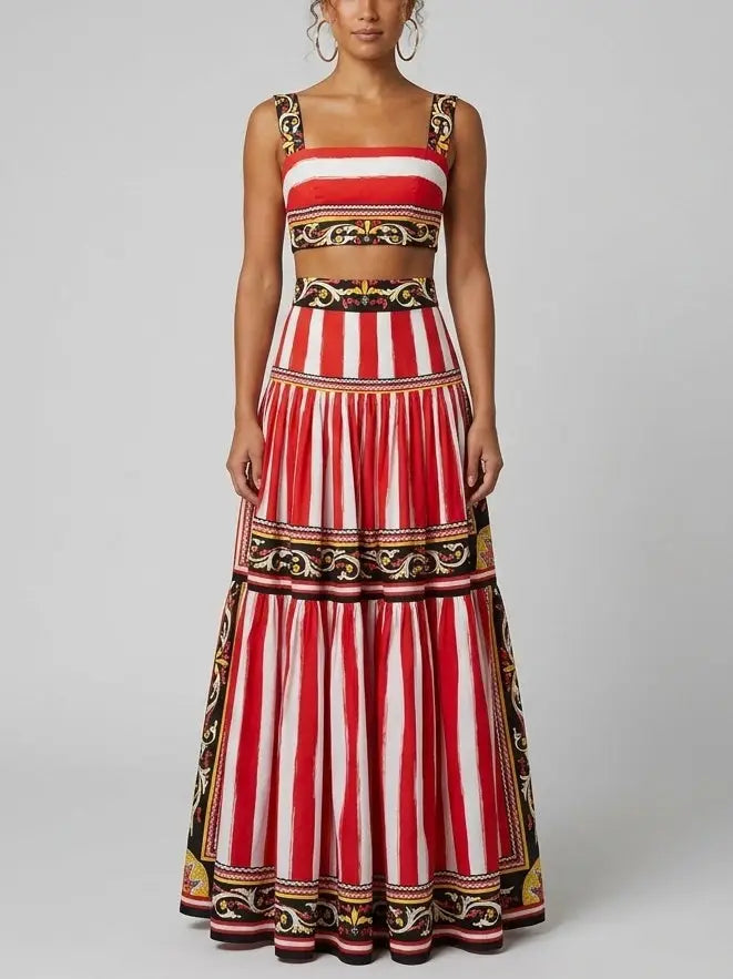 Baroque Stripe Crop Top and Tiered Maxi Skirt Set - Suits & Sets