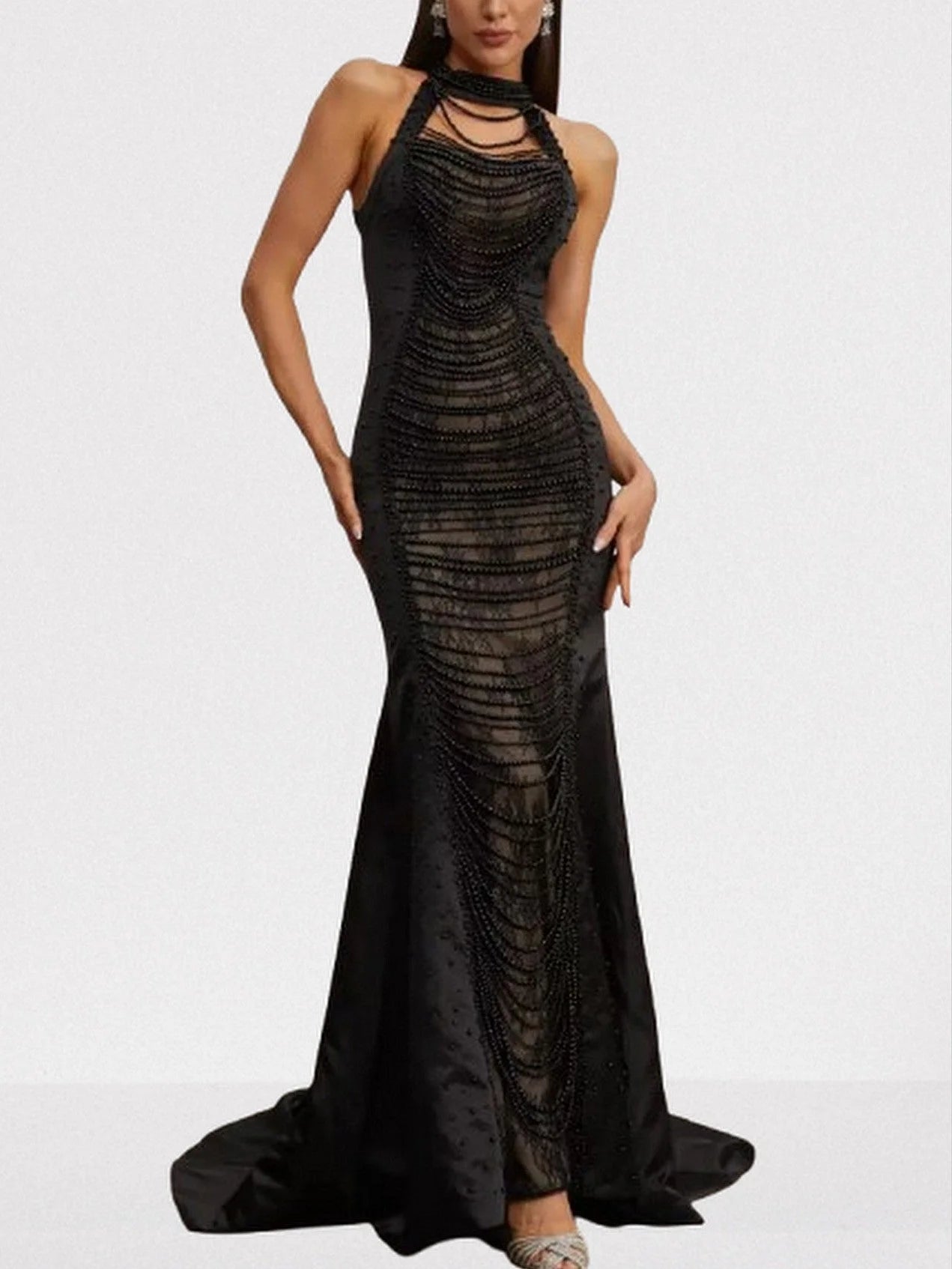Bead-Embellished Halterneck Black Gown - S - Dresses