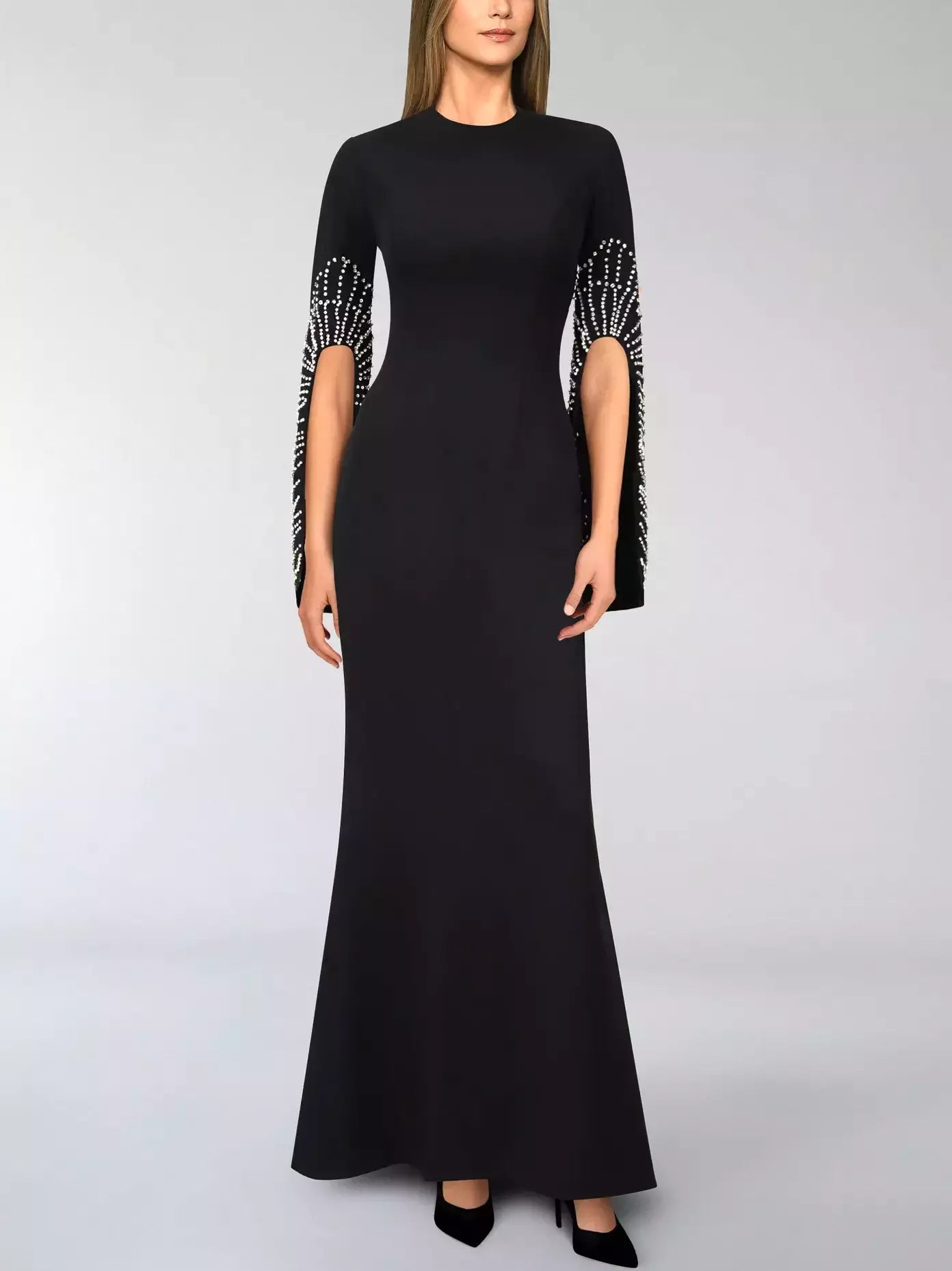 Bead-Embellished Split-Sleeve Long Black Gown