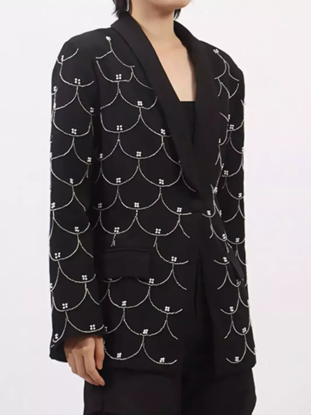 Bead-Embellished Black Single-Breasted Blazer - Jackets