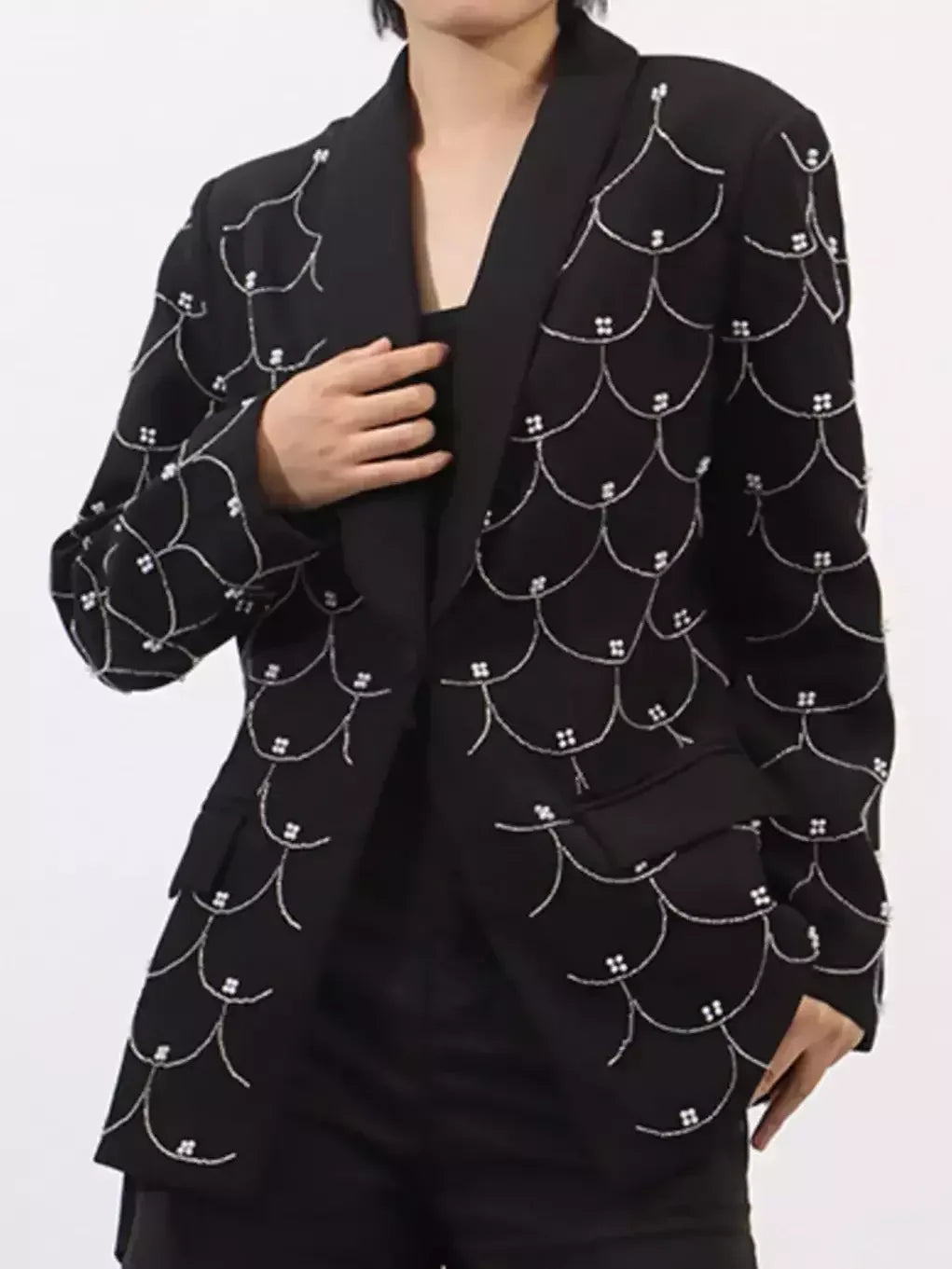 Bead-Embellished Black Single-Breasted Blazer - Jackets