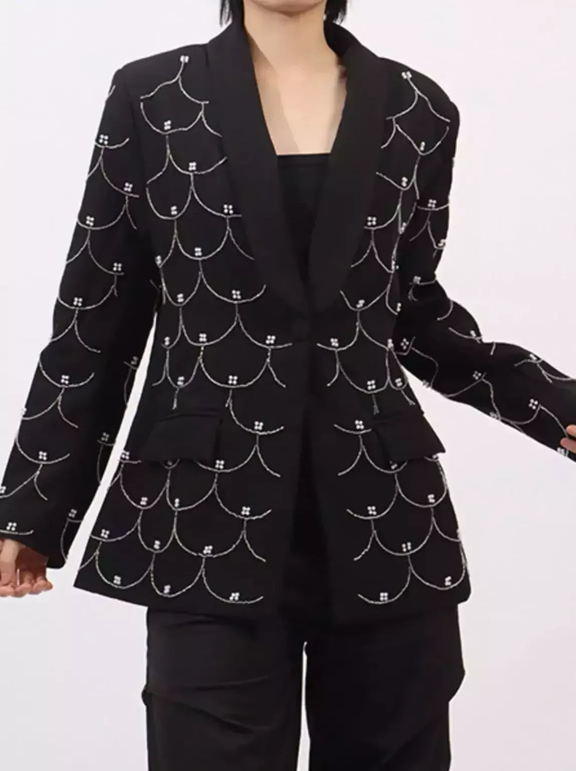 Bead-Embellished Black Single-Breasted Blazer - Jackets