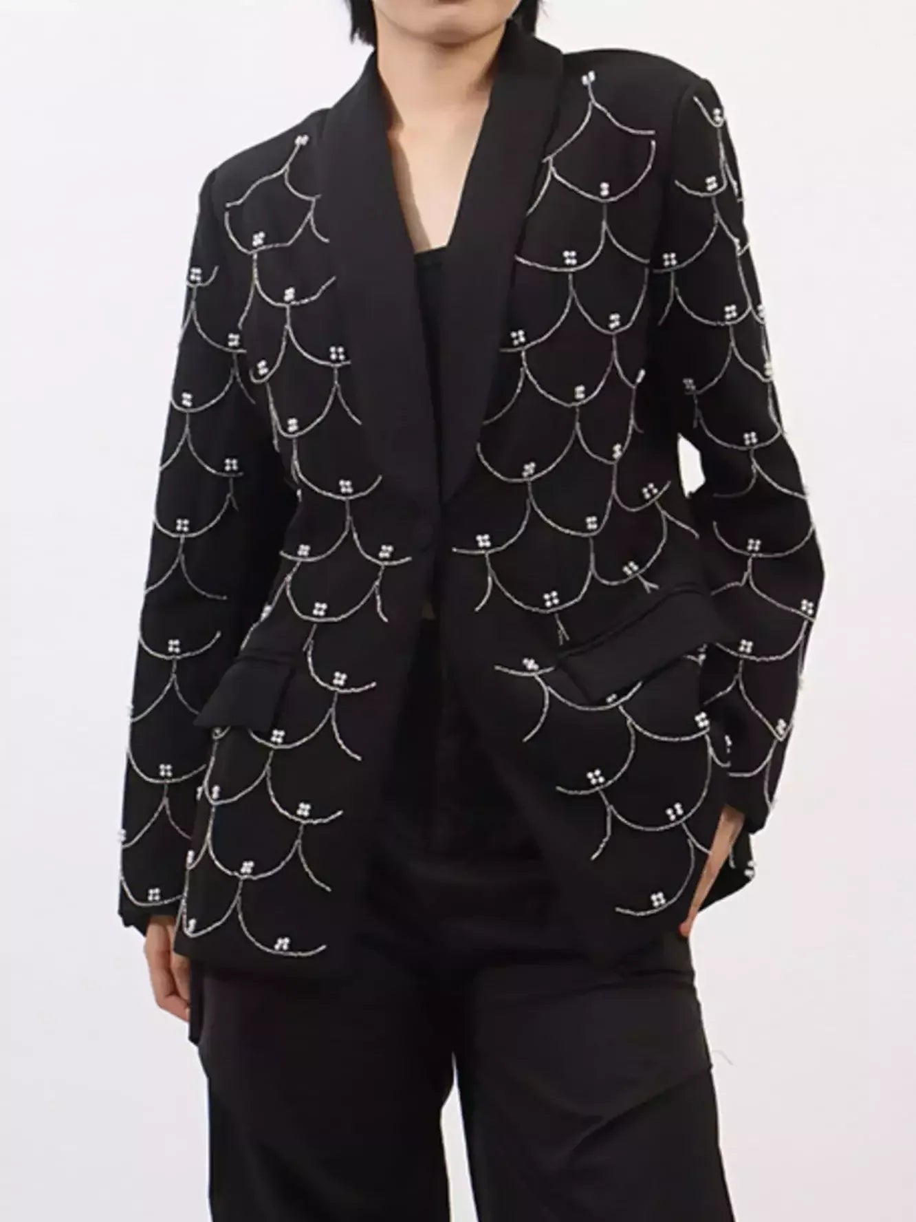 Bead-Embellished Black Single-Breasted Blazer - Jackets