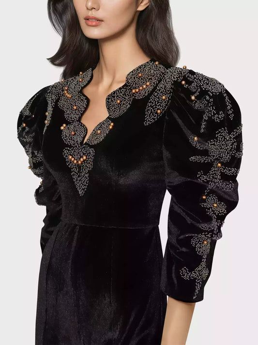 Bead-Embellished Black Velour Jumpsuit - Suits & Sets