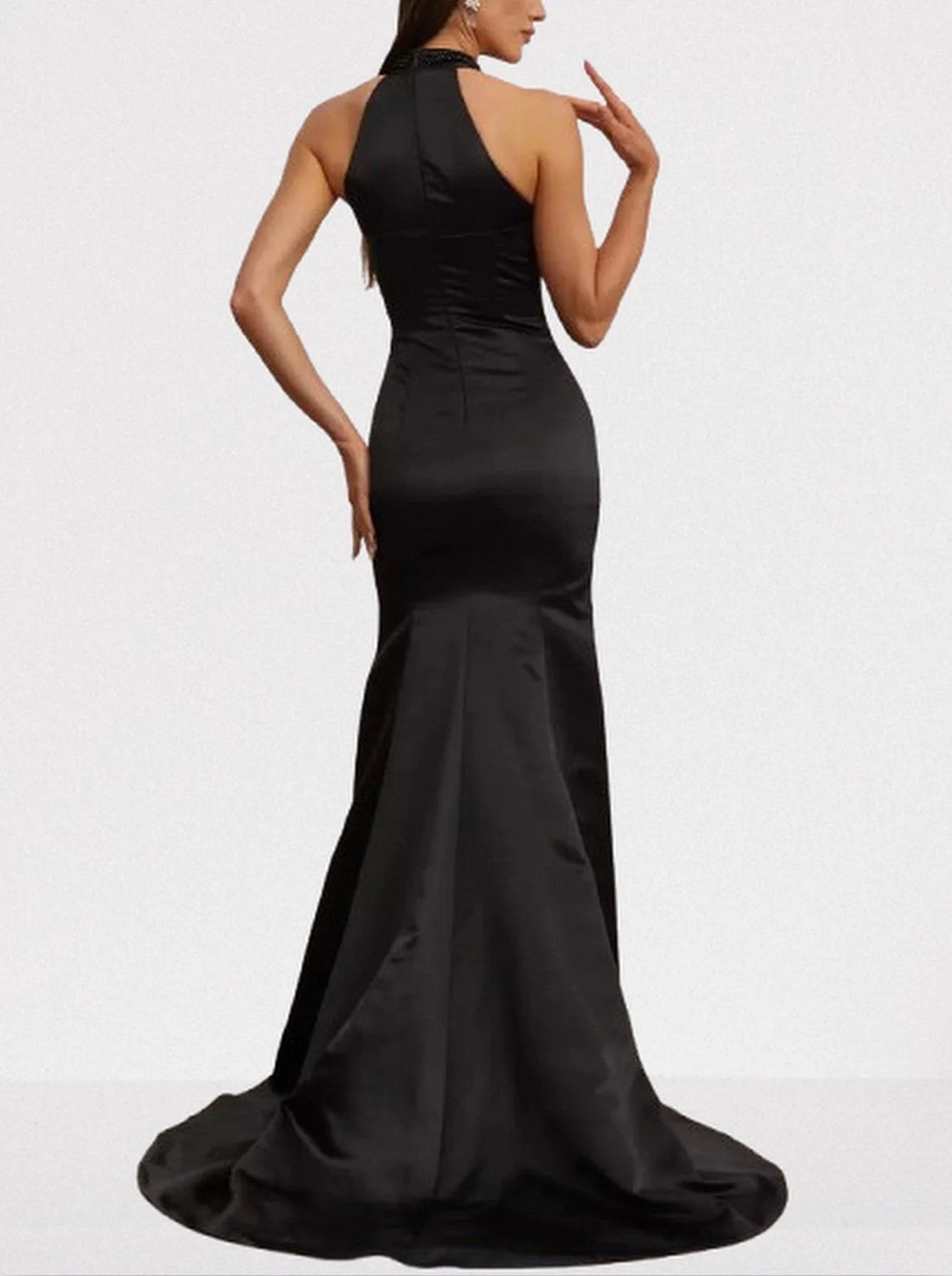 Bead-Embellished Halterneck Black Gown - Dresses