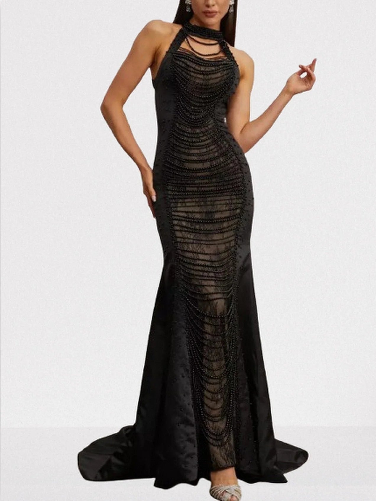 Bead-Embellished Halterneck Black Gown - Dresses