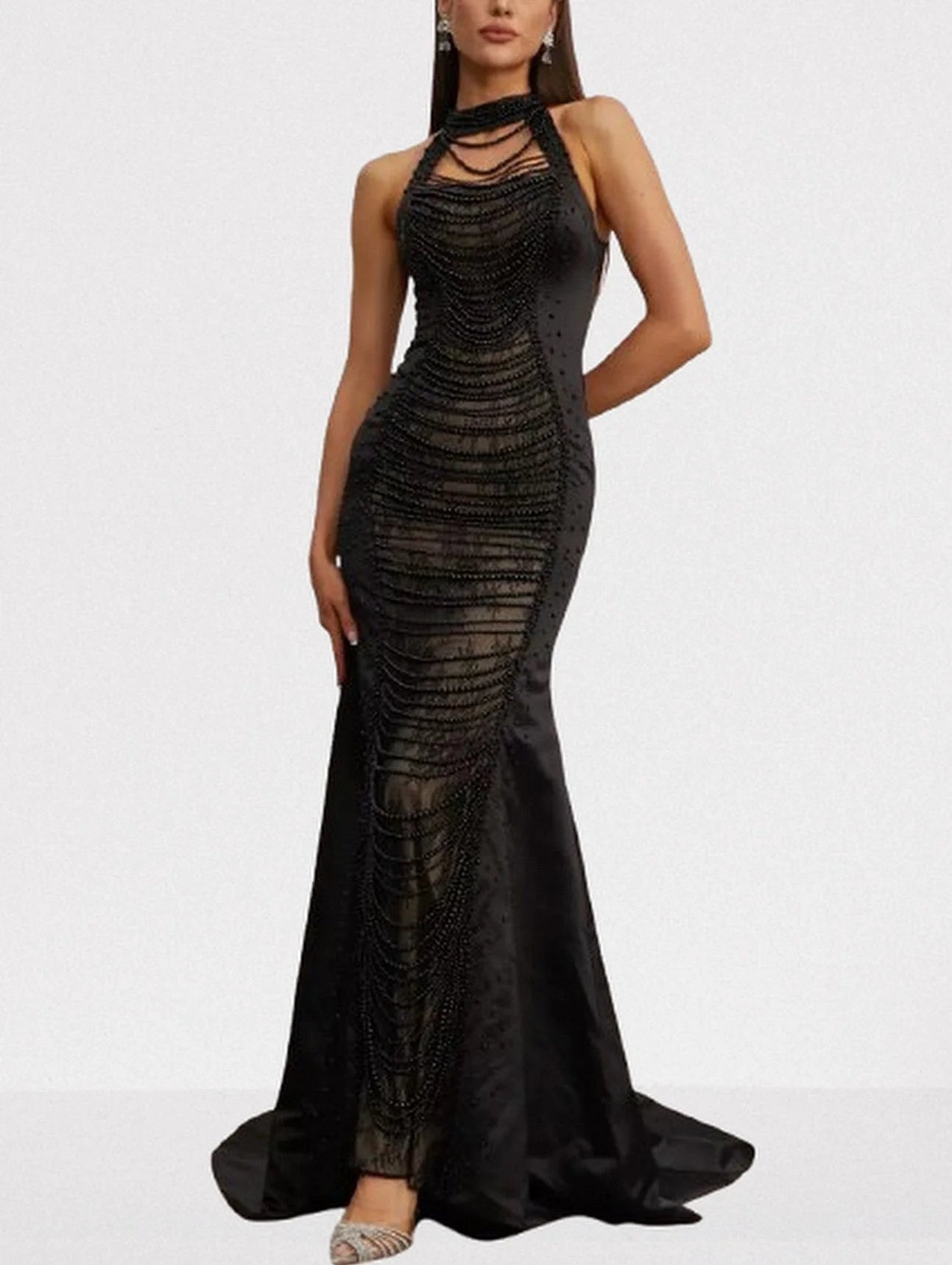 Bead-Embellished Halterneck Black Gown - Dresses