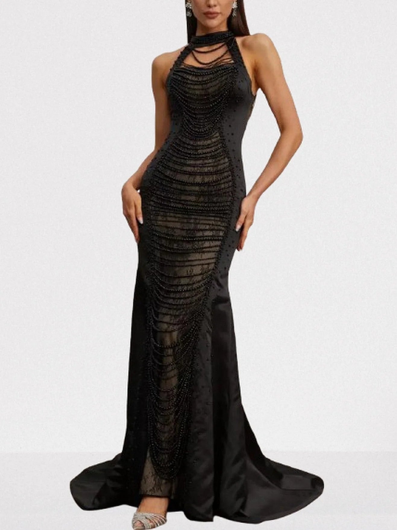 Bead-Embellished Halterneck Black Gown - Dresses