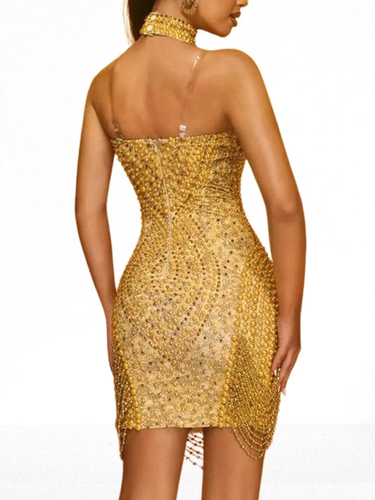 Bead and Crystal Embellished Gold Sleeveless Mini Dress Dresses