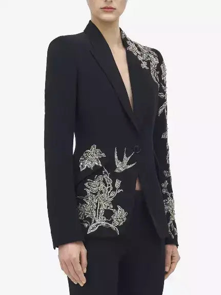 Bead and Sequin-Embellished Tailored Black Blazer - Jackets