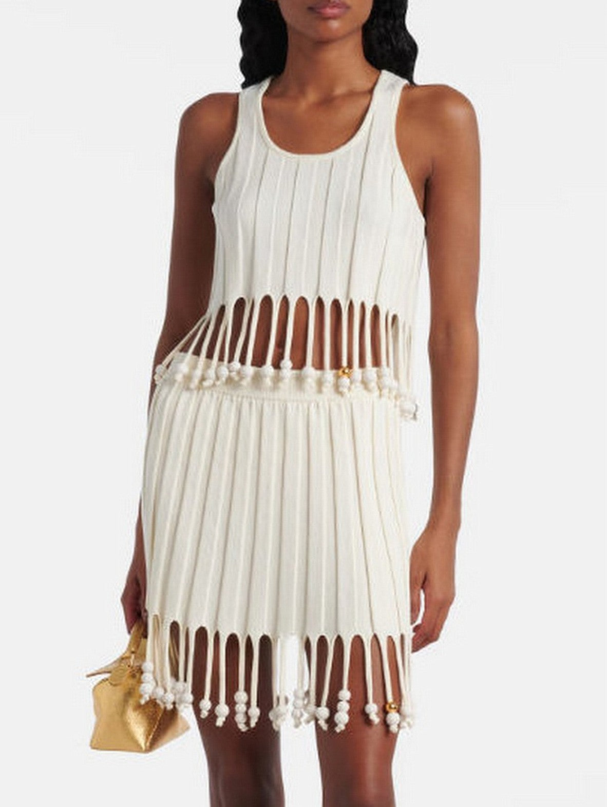 Beaded Knit Tassel Top and Skirt Set - Small - Suits & Sets