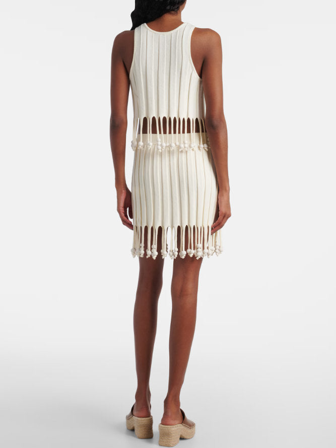 Beaded Knit Tassel Top and Skirt Set - Suits & Sets