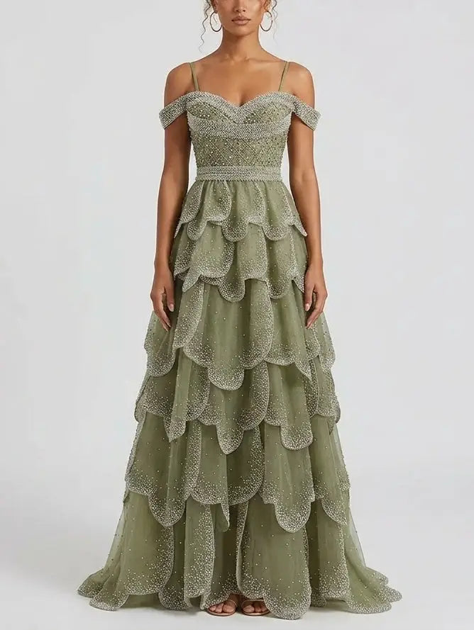 Beaded Tiered Tulle Maxi Dress with Off-Shoulder Detail - Dresses