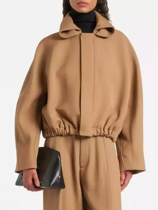 Beige Wool-Drill Bomber Jacket with Roll-Neck - Jackets