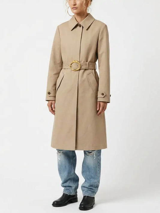 Beige Belted Single-Breasted Cotton Trench Coat - Coats