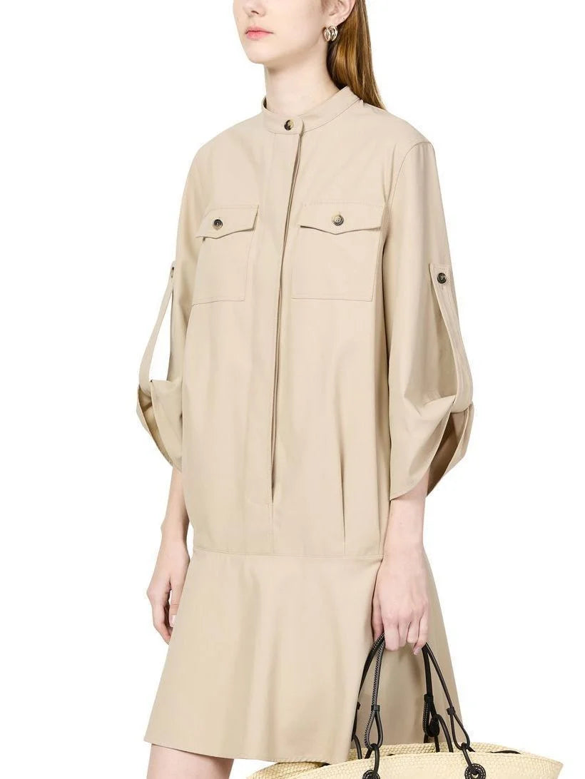 Beige Cotton Twill Mini Shirt Dress - Dresses