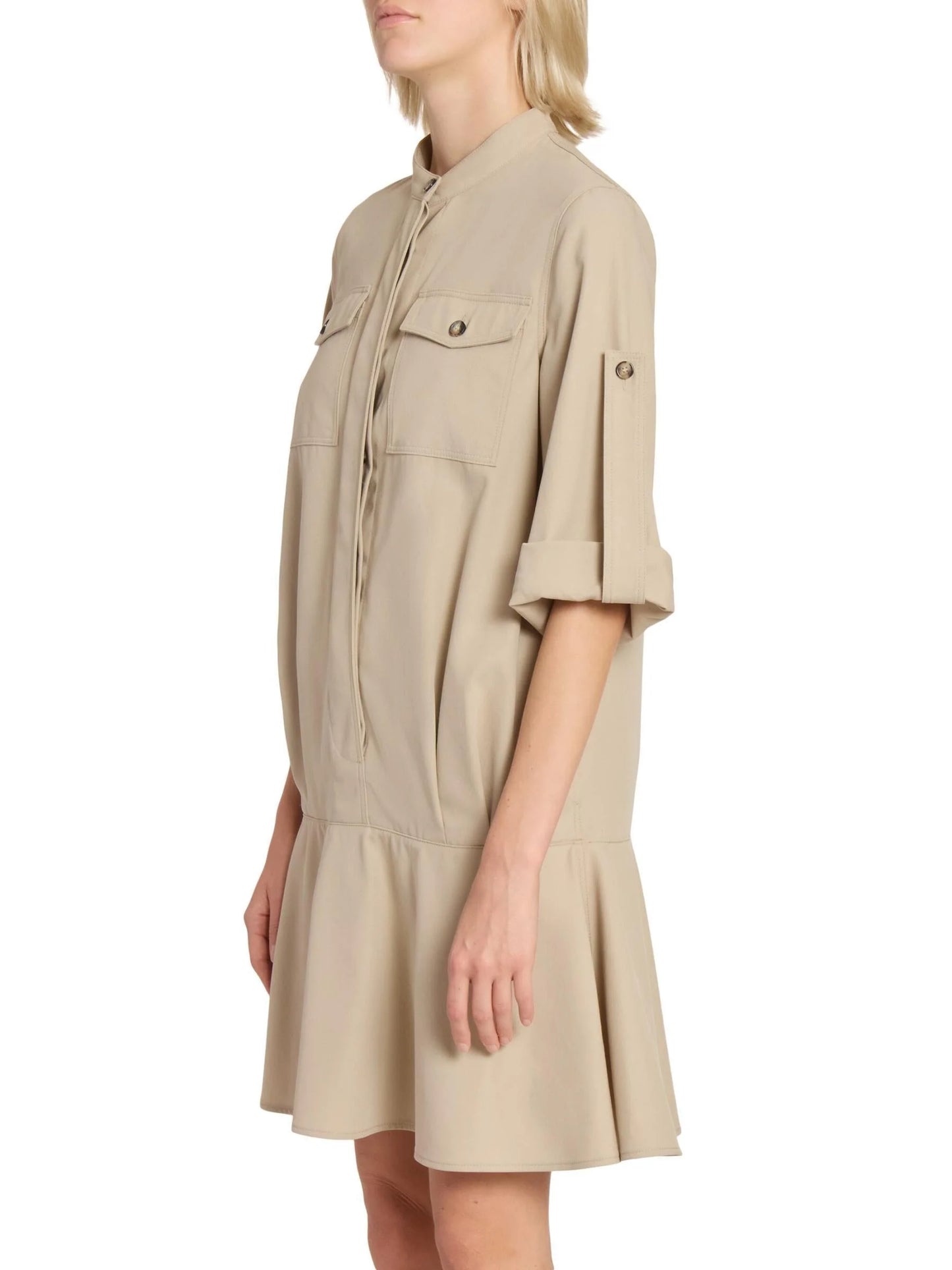 Beige Cotton Twill Mini Shirt Dress - Dresses