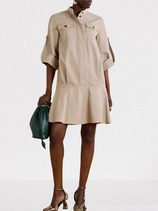 Beige Cotton Twill Mini Shirt Dress - Dresses