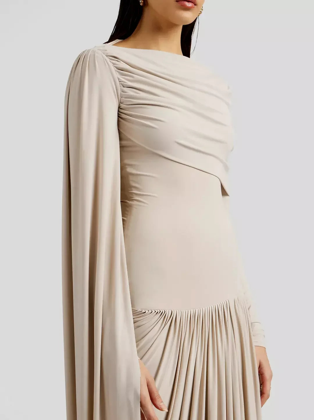 Beige Draped Drop-Waist Fitted Pleat Gown - Dresses