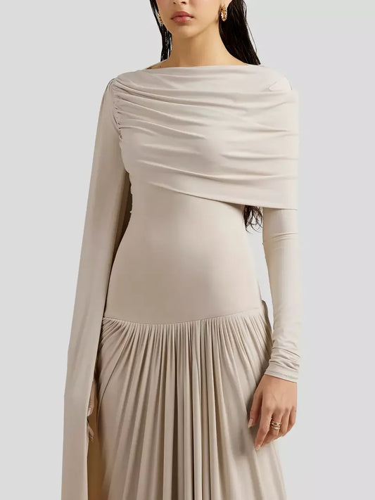Beige Draped Drop-Waist Fitted Pleat Gown - Dresses