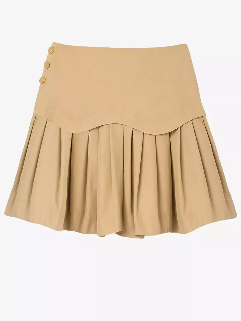 Beige Flared Pleated Mini Skirt - Skirts