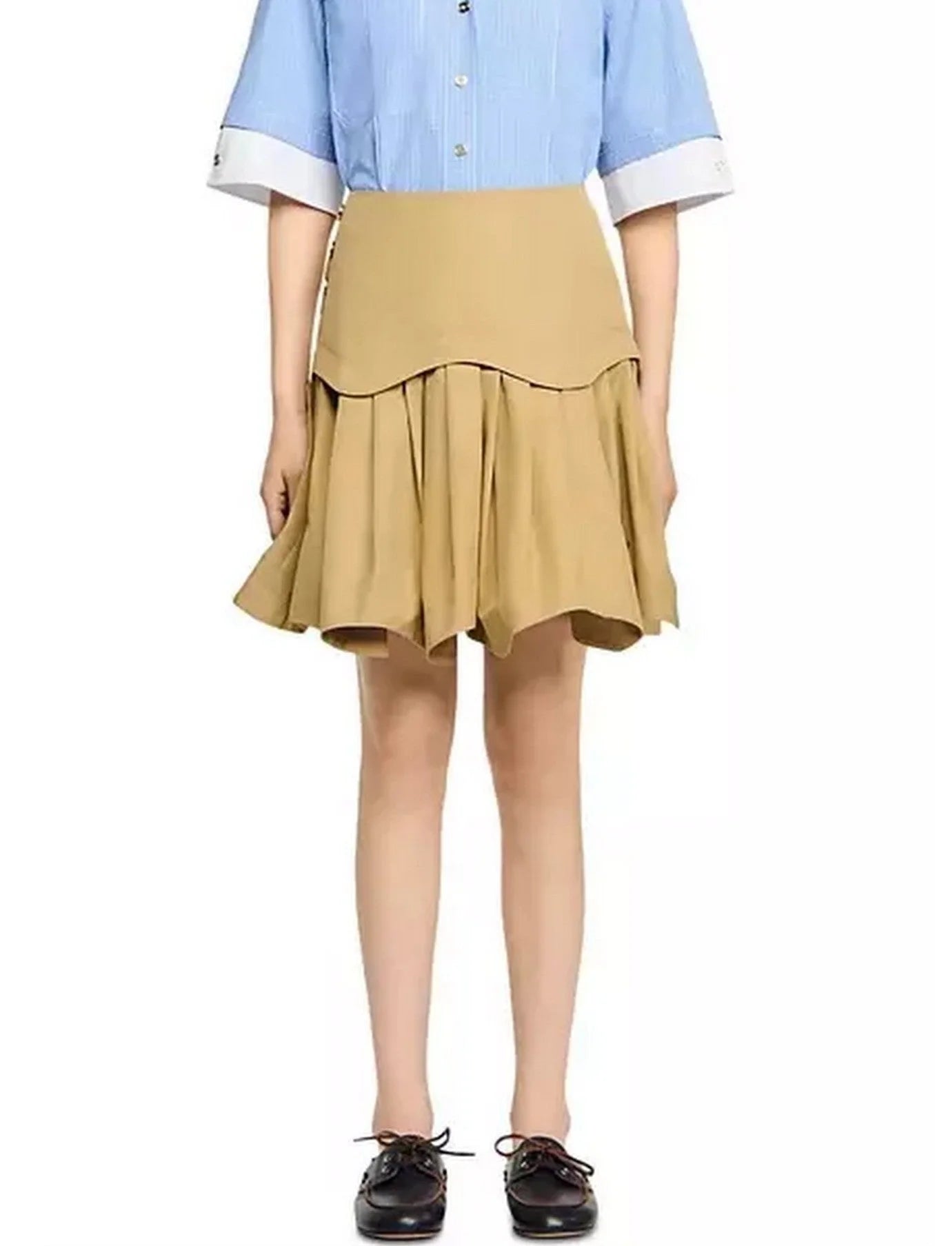 Beige Flared Pleated Mini Skirt - Skirts