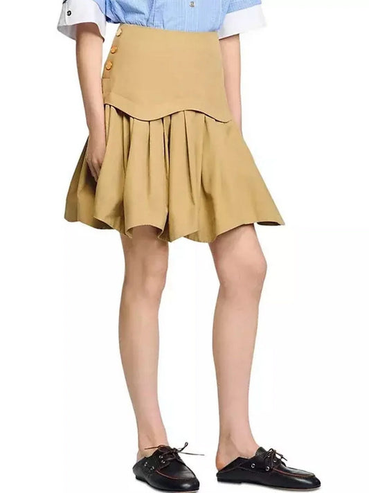 Beige Flared Pleated Mini Skirt - Skirts